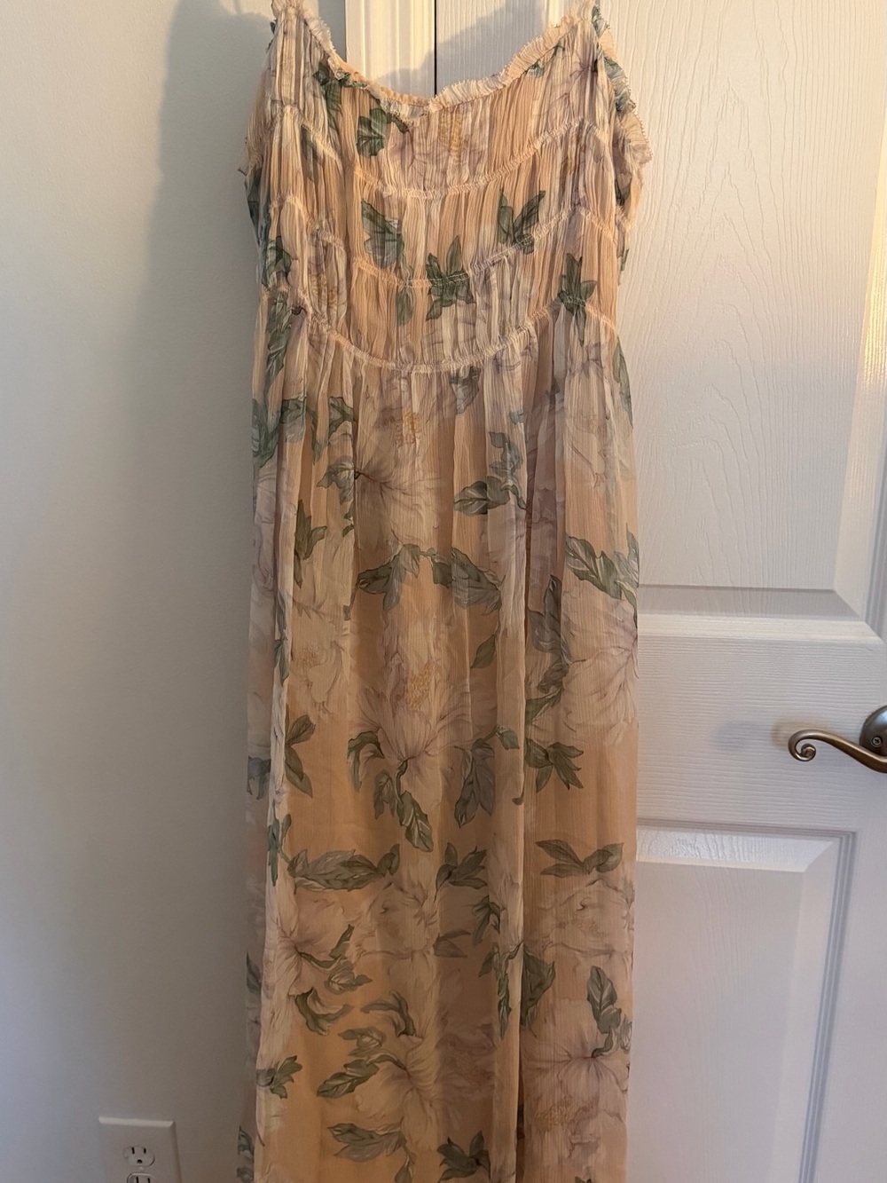 INTERMIX Cream silk Maxi Dress with Green Floral Leaves
